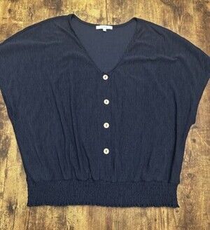 Cleo Navy Blue Plissé Textured V-Neck Blouse with Smocked Waist